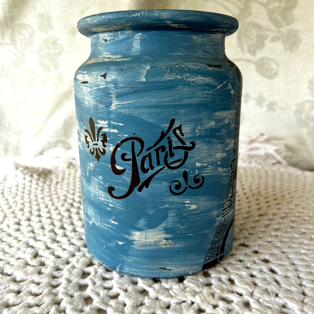 Large Thick Glass Vase w/ Painted Blue & White Paris Designs